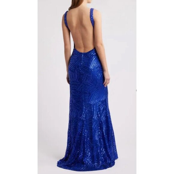 NWT City Studio Ball Gown Sequin Slit Low Back Maxi Dress Size 11 Royal Blue - Picture 2 of 10